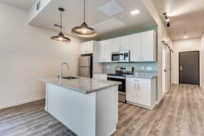 open kitchen with stainless steel appliances and floor to ceiling windows and patio door at oner midtown