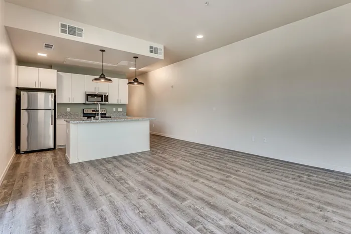 kitchen with stainless steel appliances and living room with wood like flooring at oner midtown