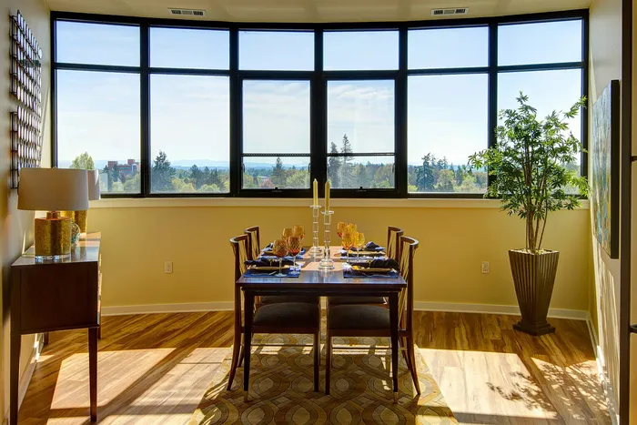 wooden dining table with decorative items