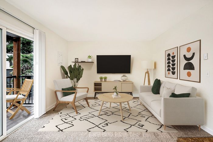 Virtually staged living room and outdoor patio