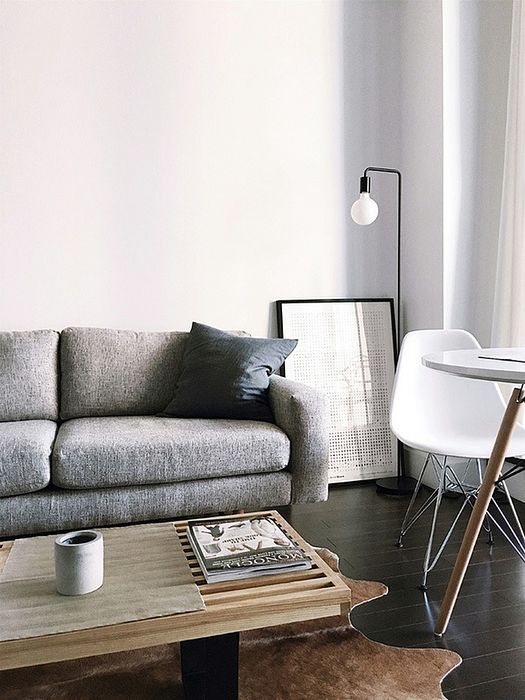 grey sofa with wooden coffee table