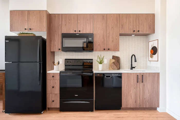 Stunning kitchen with all black appliances including a dishwasher, quartz countertops, and LVP flooring.