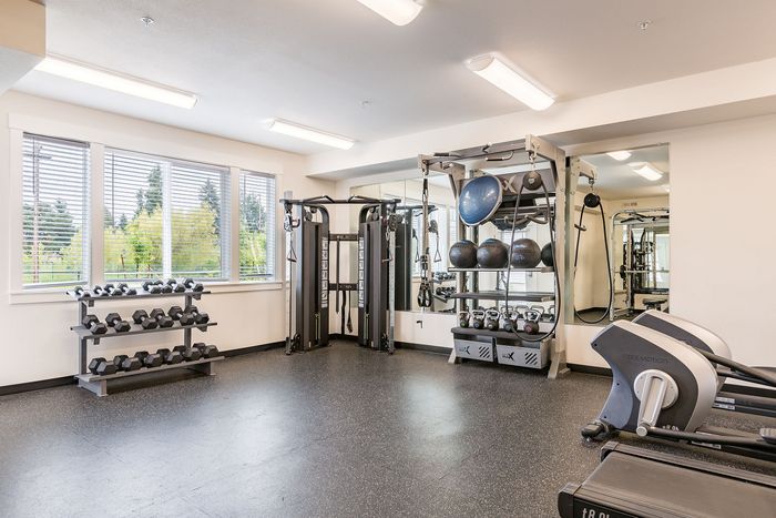 free weights and gym equipment at the Fitness center at Fernhill
