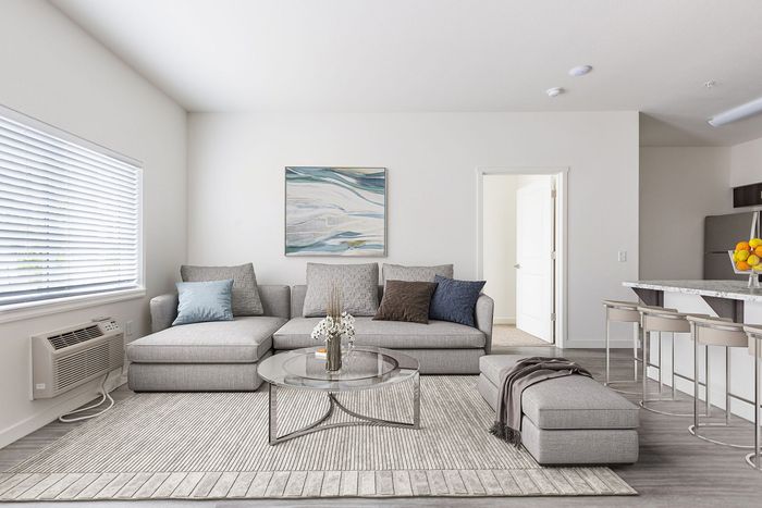 virtually staged Living Room with wood like flooring at Fernhill