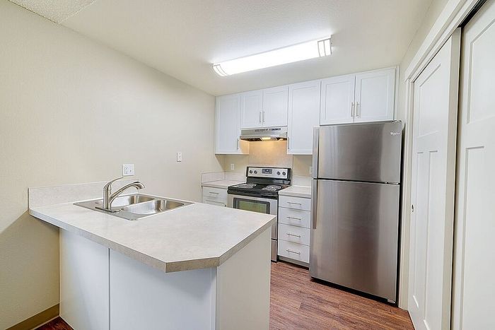 kitchen with faux hardwood flooring and stainless steel appliances at Senior Estates 1