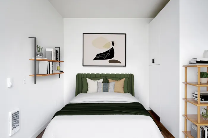 Virtually staged bed nook in studio apartment