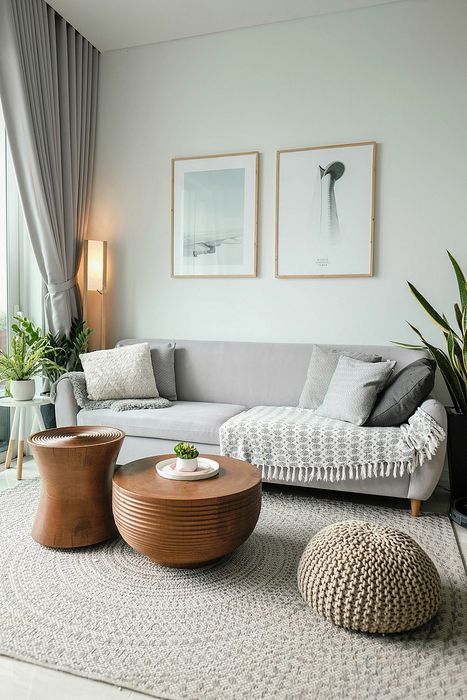 living room with grey sofa and decorative grey pillows