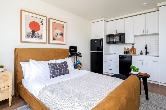 Furnished studio apartment home with in-home washer and dryer at Paceline in North Portland, Oregon