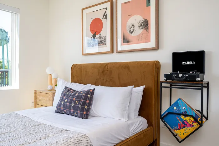 Furnished studio apartment home with in-home washer and dryer at Paceline in North Portland, Oregon