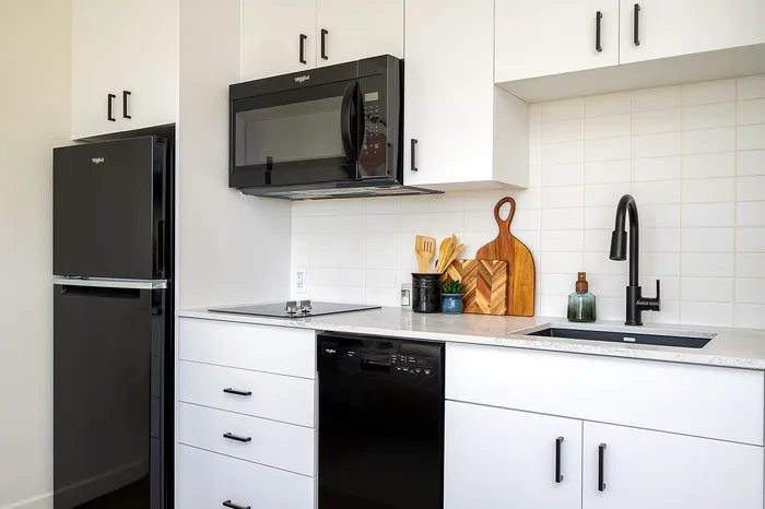 Furnished studio apartment home with in-home washer and dryer at Paceline in North Portland, Oregon