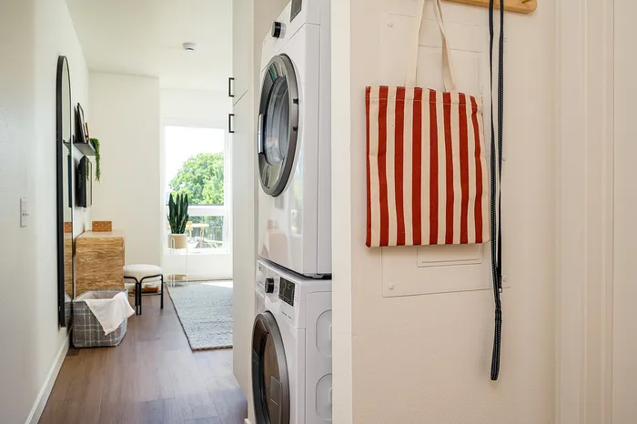 Furnished studio apartment home with in-home washer and dryer at Paceline in North Portland, Oregon