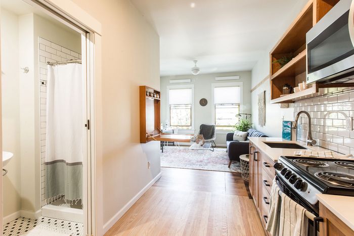 kitchen bathroom and living room at fairmount apartments
