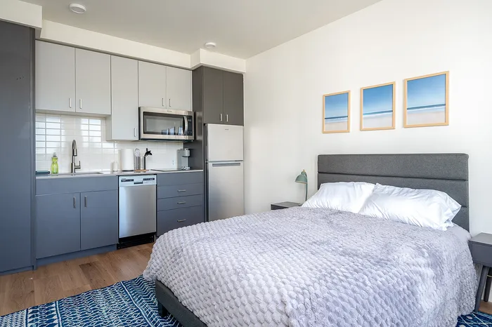 Furnished apartment with bed, kitchen supplies and a rug