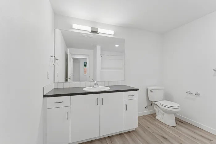bathroom with wood-style flooring, white cabinets, and black countertops