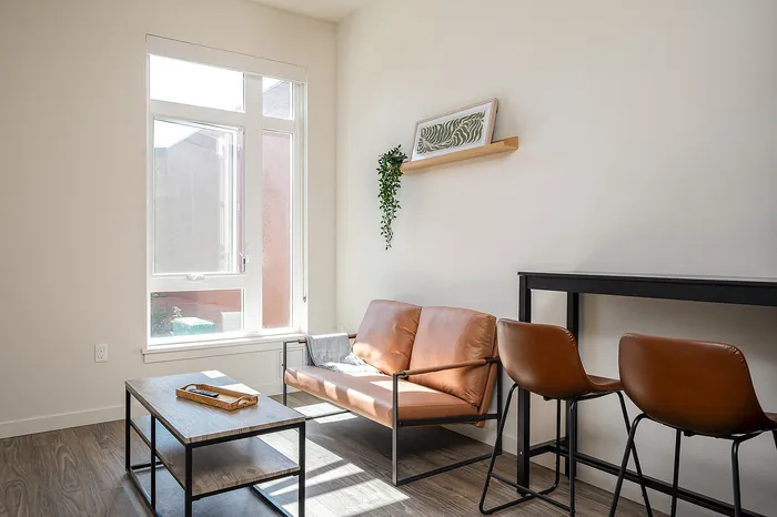 Fully Furnished One-Bedroom, One-Bathroom Floor Plan living area