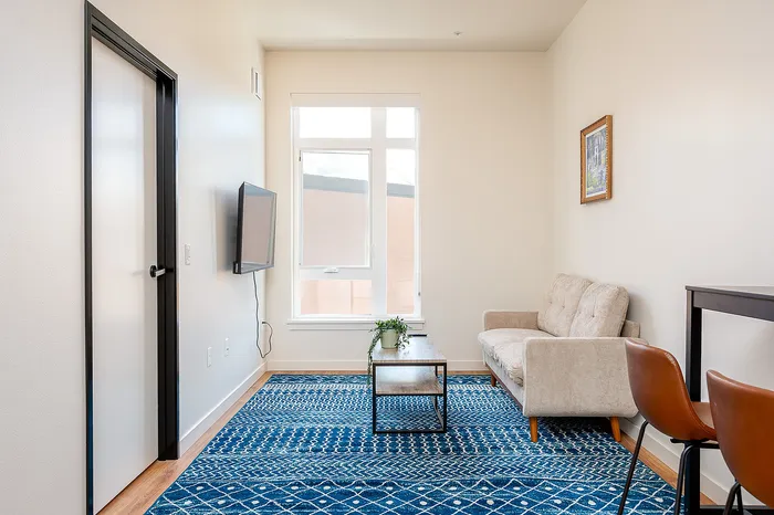 Fully Furnished One-Bedroom, One-Bathroom Floor Plan living area