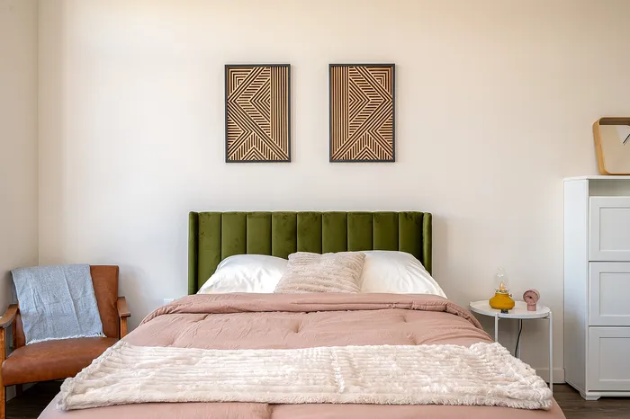 Fully Furnished Studio Floor Plan bed and decorations