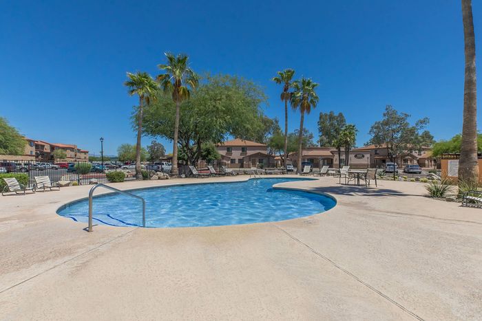 pool with chairs and tables around and palm trees in the background