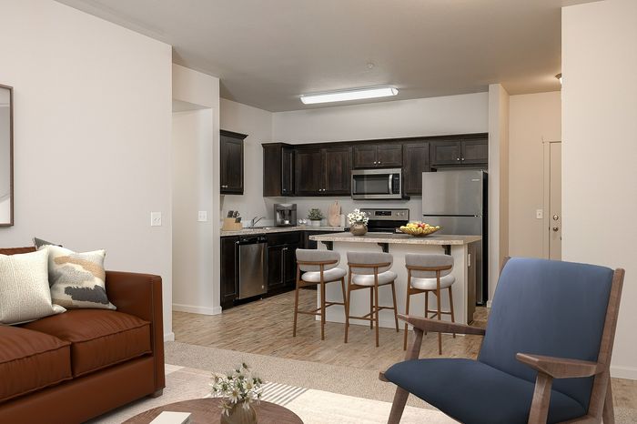 virtually staged kitchen and living room