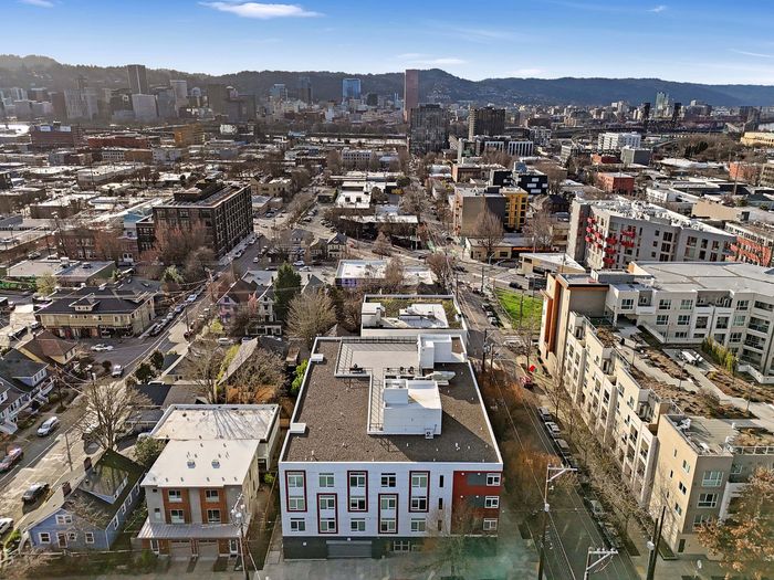 Aerial view of Koz on 13th in the heart of the Buckman neighborhood.