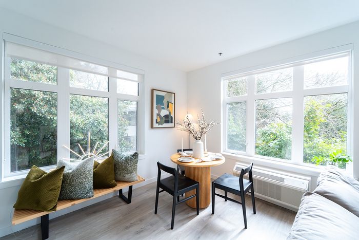Dining area with bench and table for two