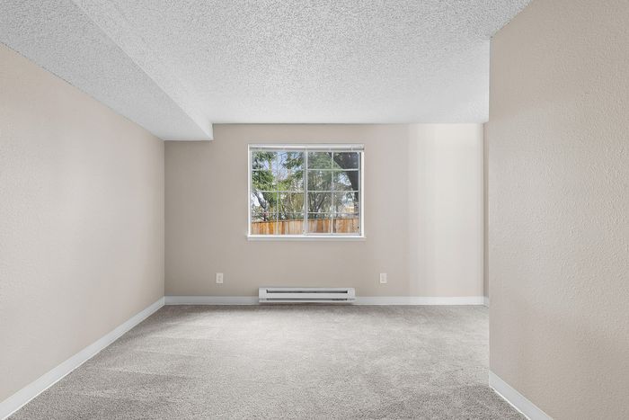 primary bedroom in C1 renovated floorplan at Timber Flats windows