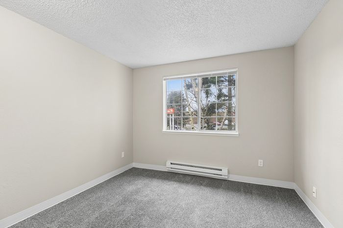 bedroom 2 in B1 renovated floorplan at Timber Flats windows and carpeted