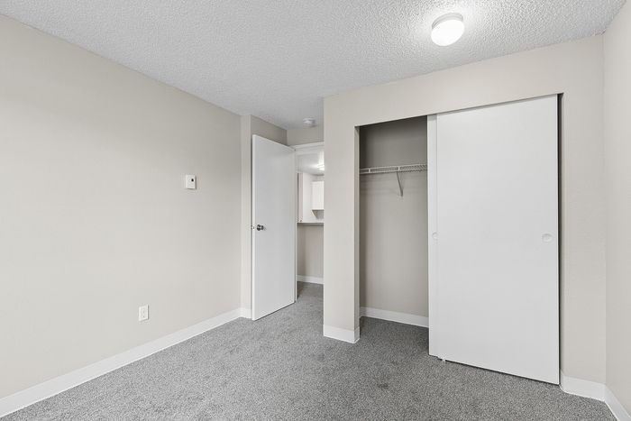 bedroom 2 with closet view in B1 renovated floorplan at Timber Flats windows and carpeted