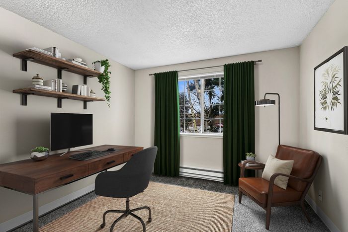 Virtually staged office at Timber Flats with a chair, desk, shelving and curtains