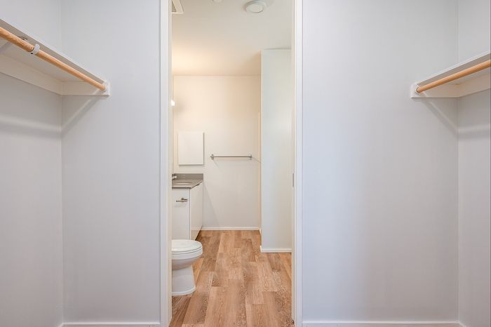 One Bedroom at Lyra Apartments - walk-in closet with shelves and rods to hang clothes