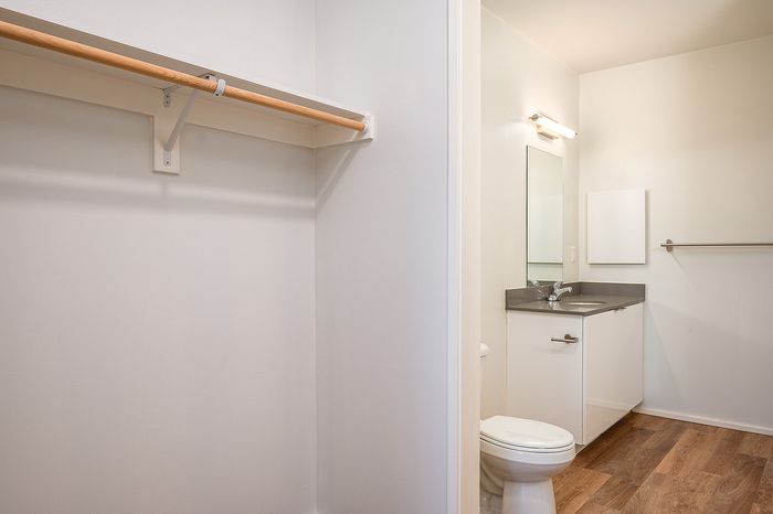 One Bedroom at Lyra Apartments - closet with doorway into the bathroom