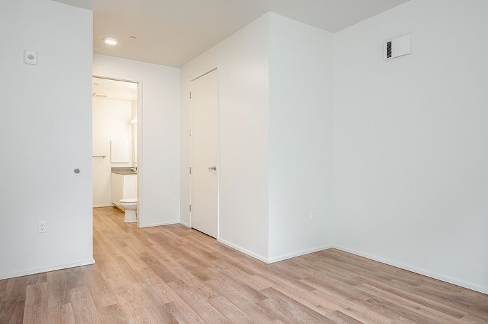One-Bedroom at Lyra Apartments - bedroom with view into the closet and bathroom