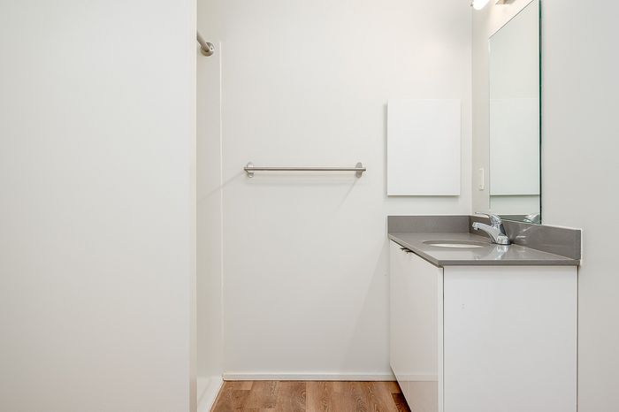 One-Bedroom at Lyra Apartments - bathroom with grey counter and hardwood floors