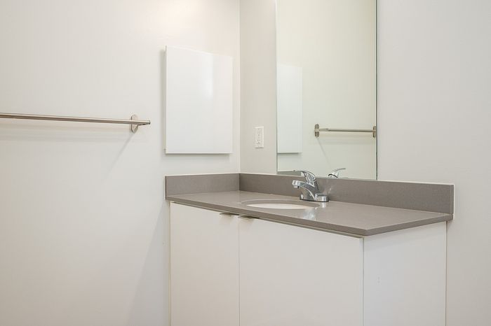 One-Bedroom at Lyra Apartments - bathroom with grey counter and sink with mirror
