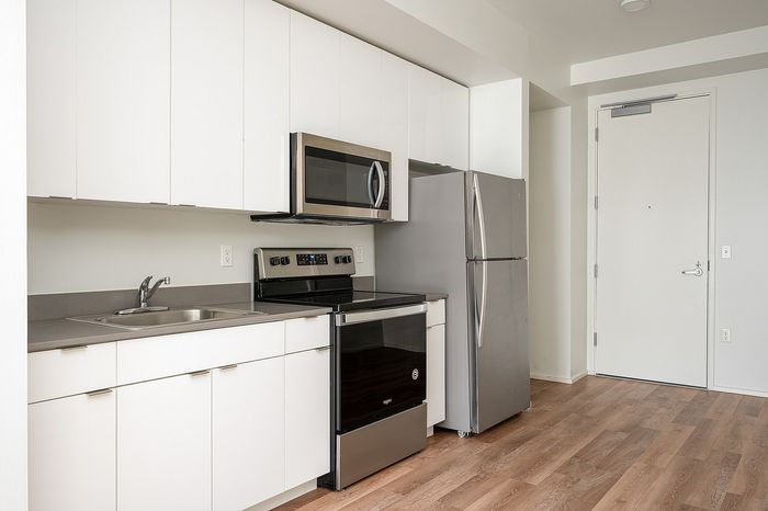 One-Bedroom at Lyra Apartments - closeup of kitchen with grey countertops and stainless steel appliances