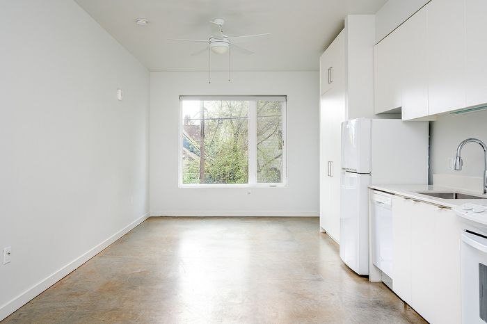 Cassi Apartments - kitchen into the living room with concrete floors