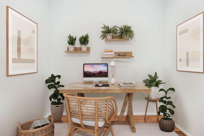 Virtually staged office at Lyra with a lot of plants, books, desk and chair