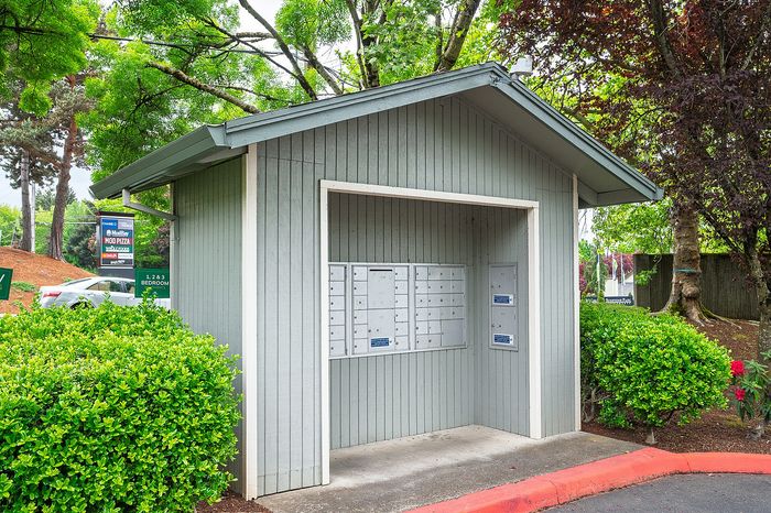 Mailbox shed with trees and bushes.