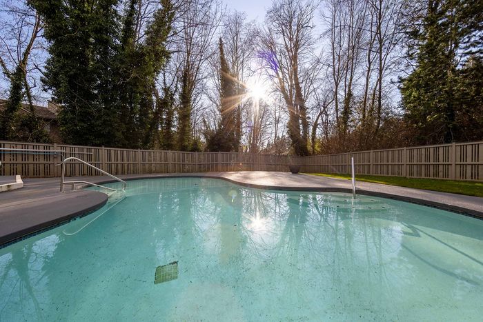 Curved outdoor pool area surrounded by tall trees and fencing at Creekwood Apartments.