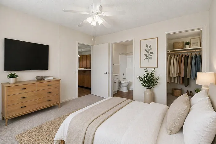 Virtually Staged bedroom at Orchard Mesa with a bed, dresser, tv and closet