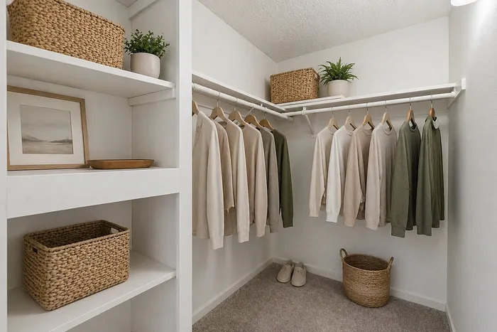 Virtually Staged Walk-in closet at Orchard mesa with shelves and room to hang clothes