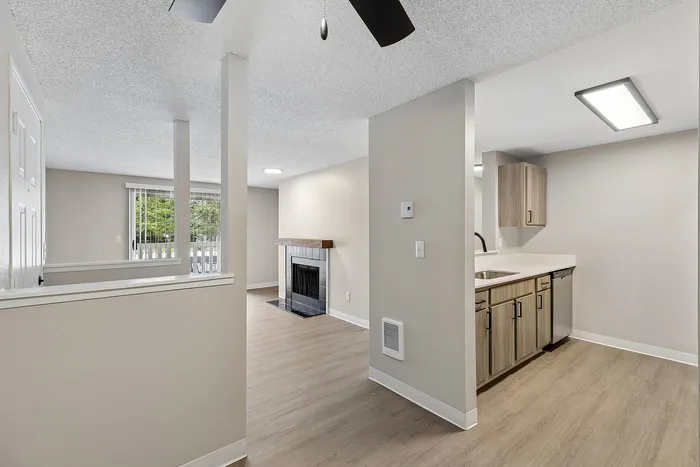 Dining Room at Timber Flats with view into the kitchen
