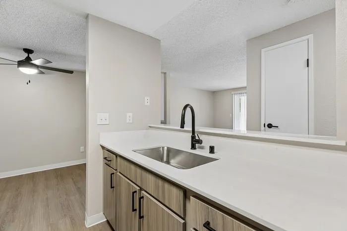 Kitchen with view into the living room and dining room with white countertops and black hardware