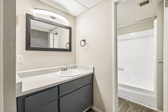 Deer Valley Village bathroom with grey vanity and view into the white shower and tub area.