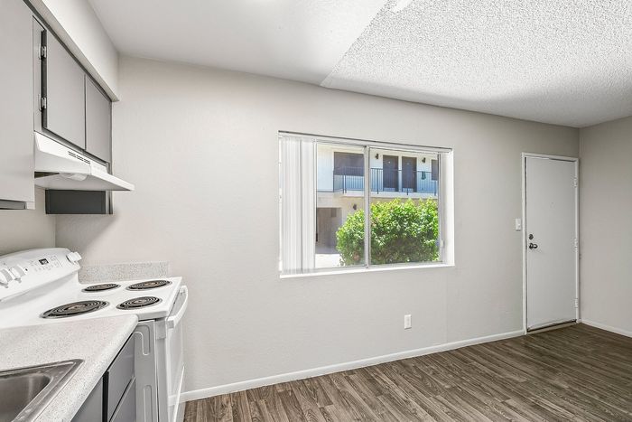 Deer Valley Village living room showing wood-style flooring, white entry door, and large window.