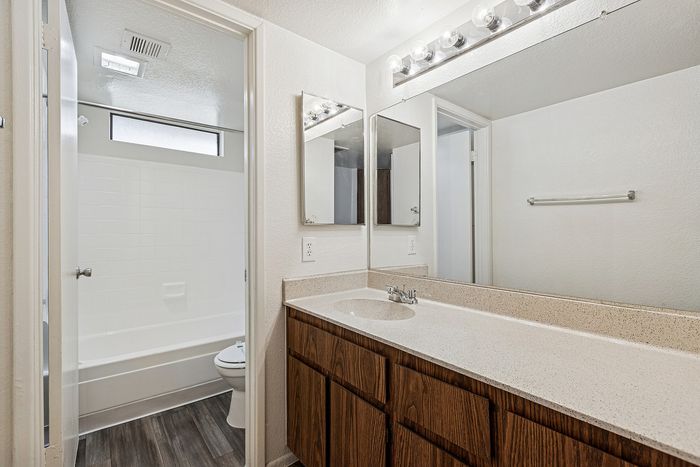 Bathroom at Silver Creek with wood cabinets and a sink and a separate room with a toilet and tub/shower