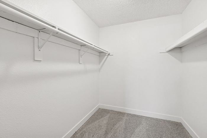 Walk-in closet at peoria grand with carpet and shelving and hanging rods