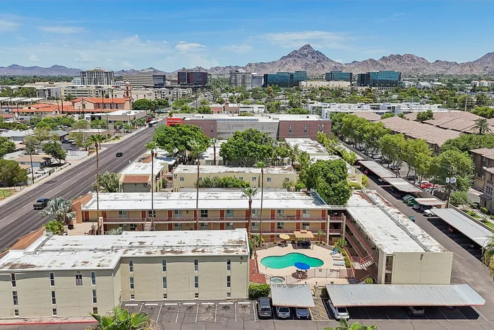 Aerial view of solaris at the biltmore showing the Arizona landscape and neighborhood surrounding it