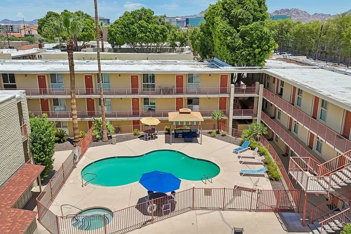 Aerial view of solaris at the biltmore showing the pool and interior area with garden style entry