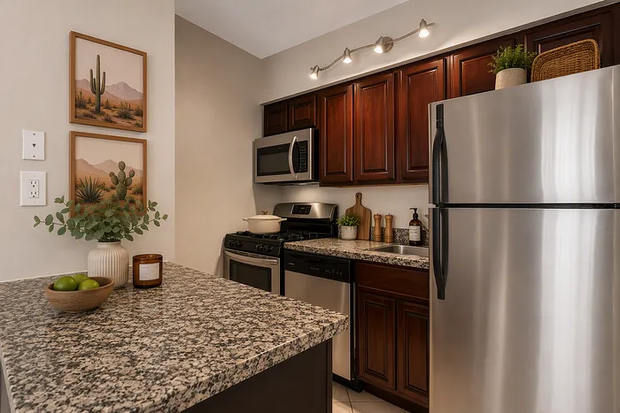 Virtually staged kitchen at solaris at the biltmore with dark cabinets and dark countertops and stainless steel appliances